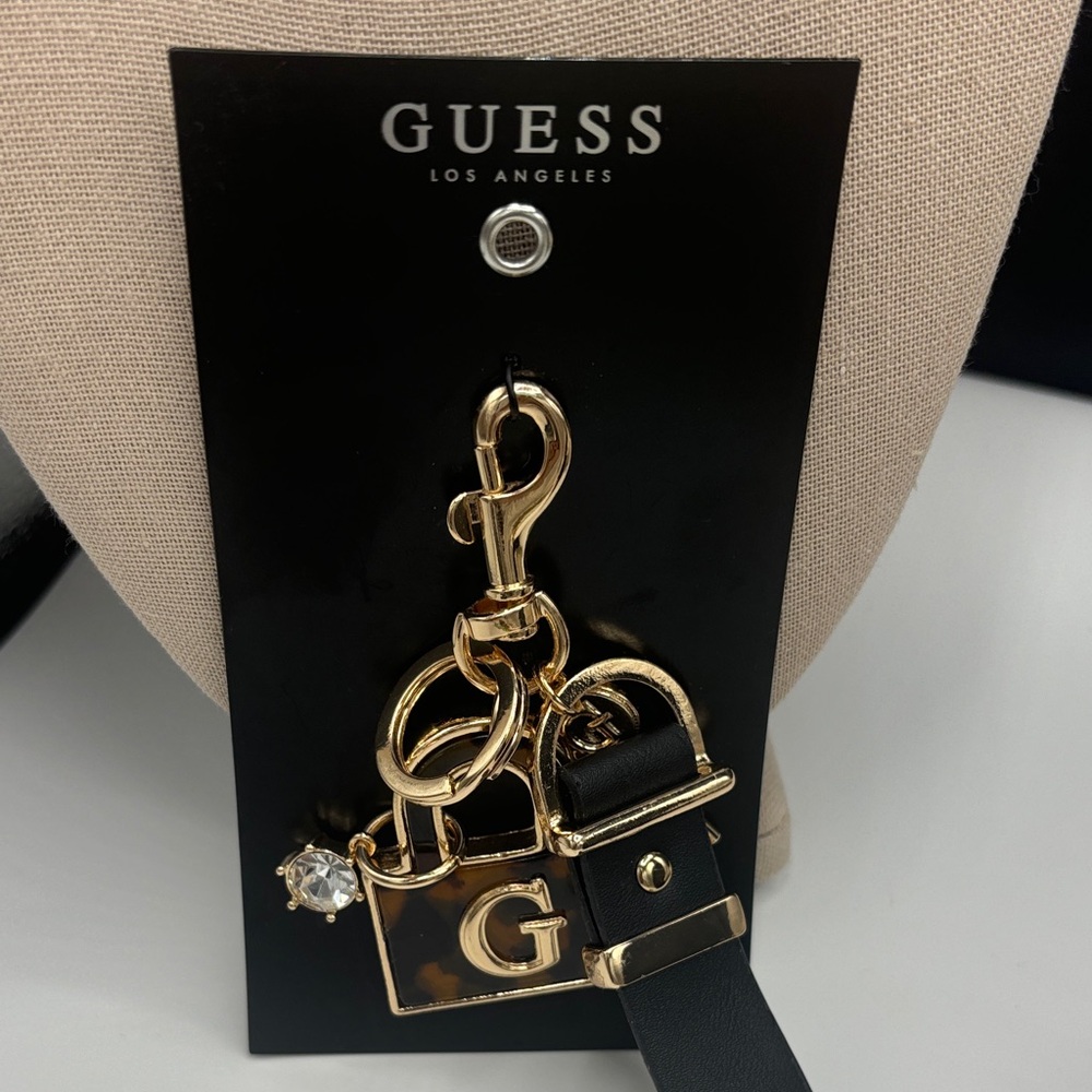 GUESS Gold and Black 'G' Charm Keyring with Crystal Accent